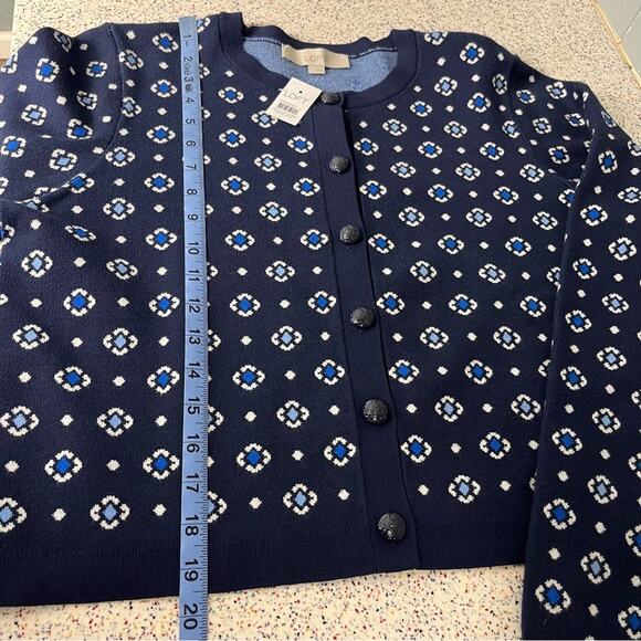 NWT LOFT Floral Jacquard Cardigan Button Front Knit Sweater Navy Women’s Size L - Picture 7 of 8